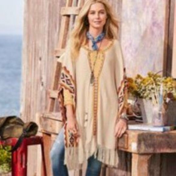 Sundance Poncho Women's Idol Mind Boho Southwestern Gold Cream S-M New Fringe - Picture 5 of 5